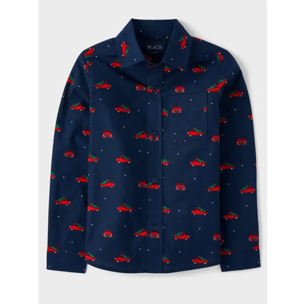 The Childrens Place Long Sleeve Button Down Shirt Christmas Truck‎ Print Boys 2T